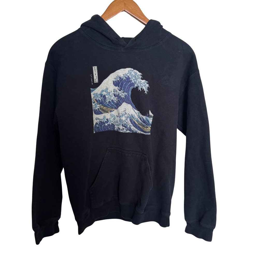 Hokusai Great Wave Off Kanagawa Graphic Hoodie Black Mens Small Streetwear